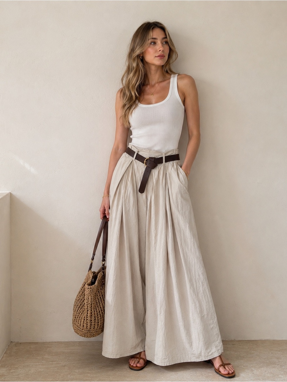 Wide Leg Linen-Blend Pants in Cream